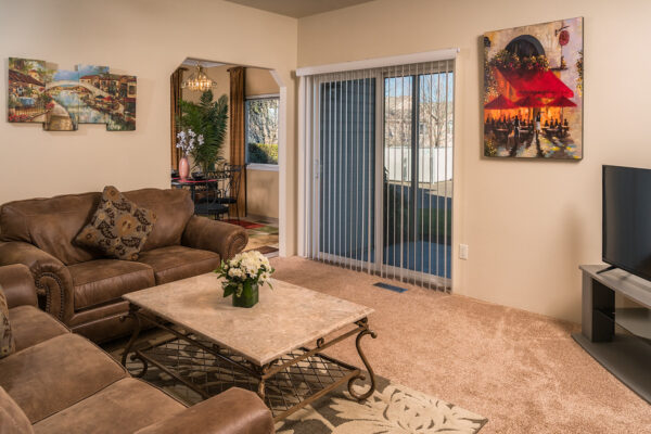 Living room with brown sofas and coffee table