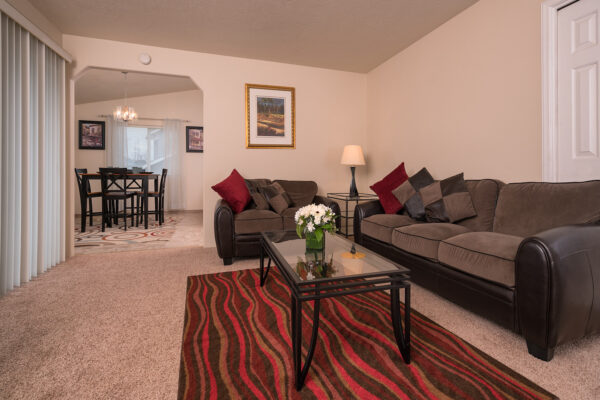 Cozy living room with couches and coffee table