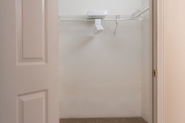 Empty carpeted walk-in closet with wire shelf