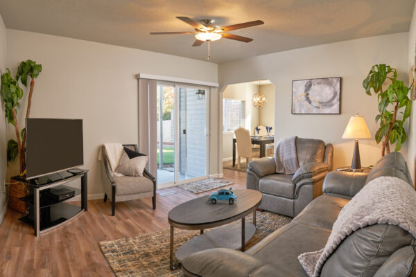 Cozy living room with gray sofas and TV