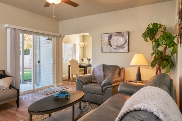 Cozy living room with gray leather sofas