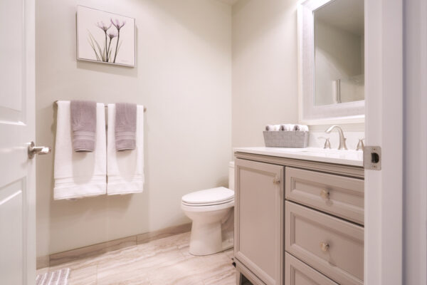 Neutral modern bathroom with vanity and toilet