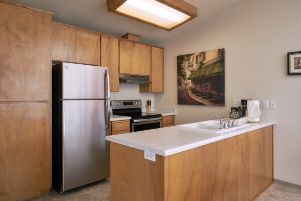 Modern kitchen with wooden cabinets and stainless appliances